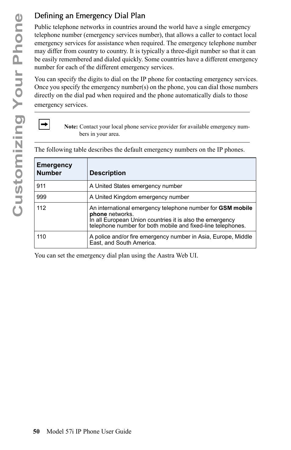 Defining an emergency dial plan, Customizing your phone | Aastra Telecom IP Phone User Manual | Page 58 / 210