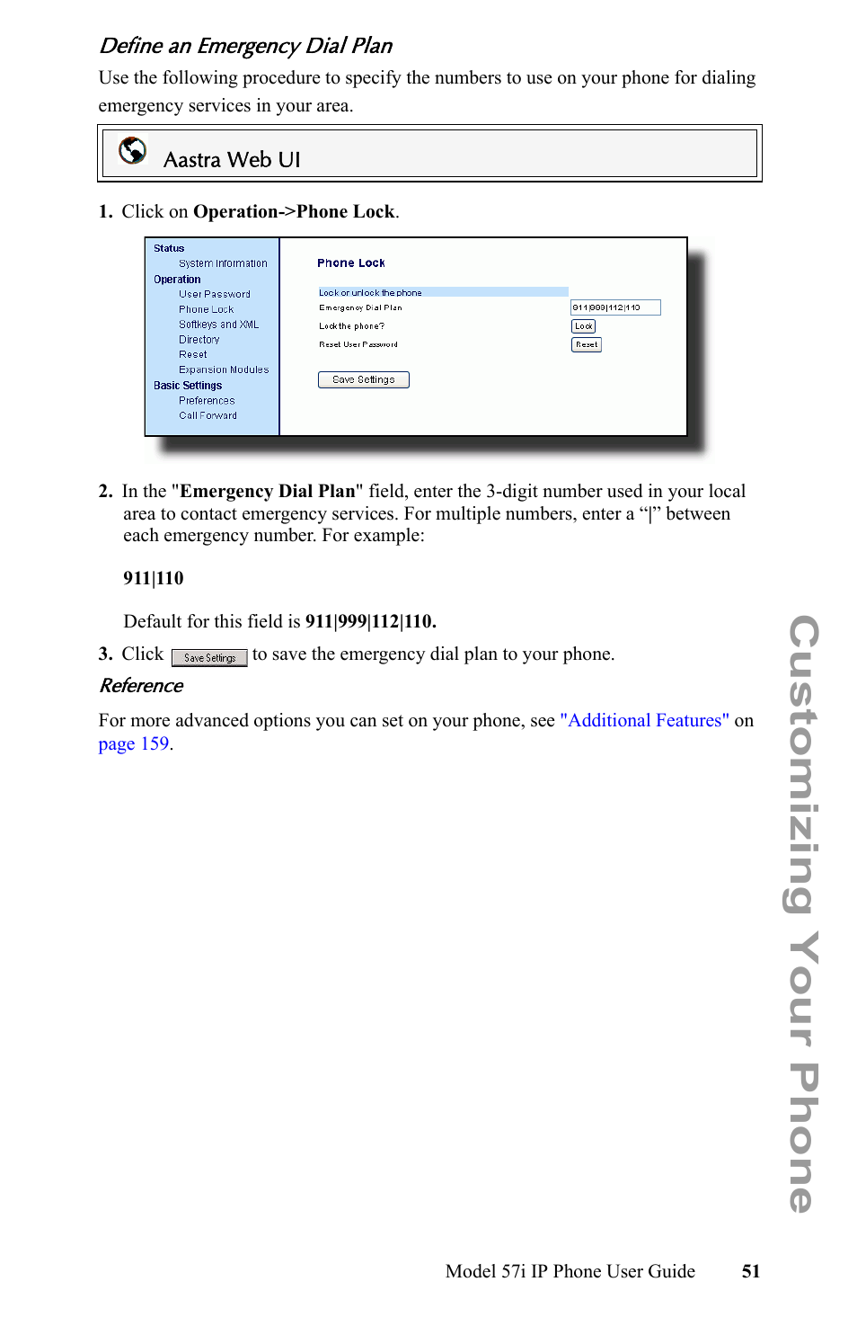 Define an emergency dial plan, Customizing your phone | Aastra Telecom IP Phone User Manual | Page 59 / 210