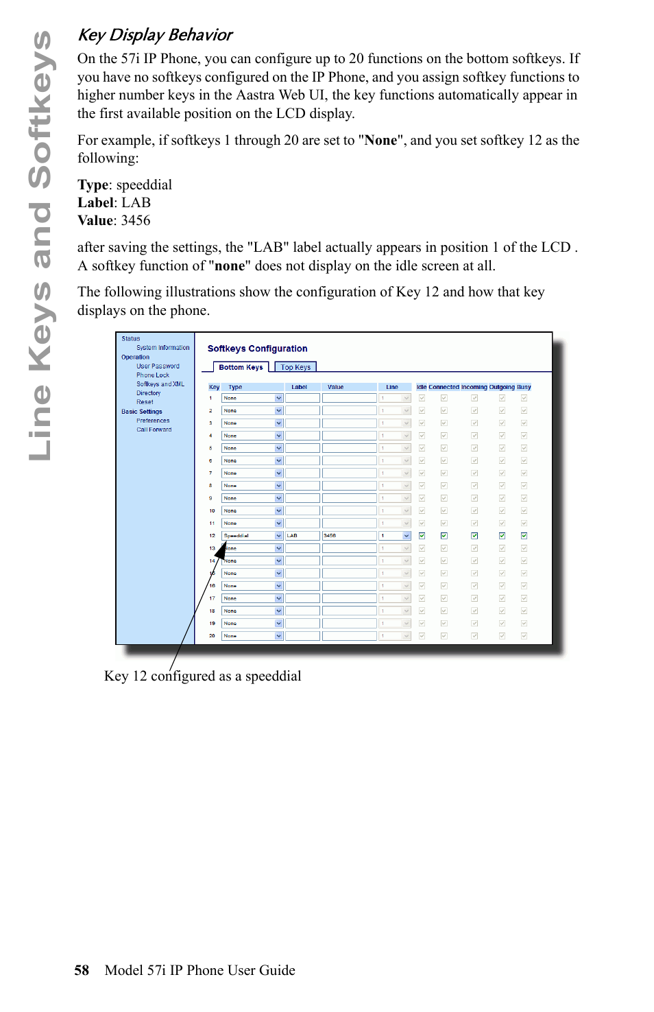 Key display behavior, Line keys and softkeys | Aastra Telecom IP Phone User Manual | Page 66 / 210