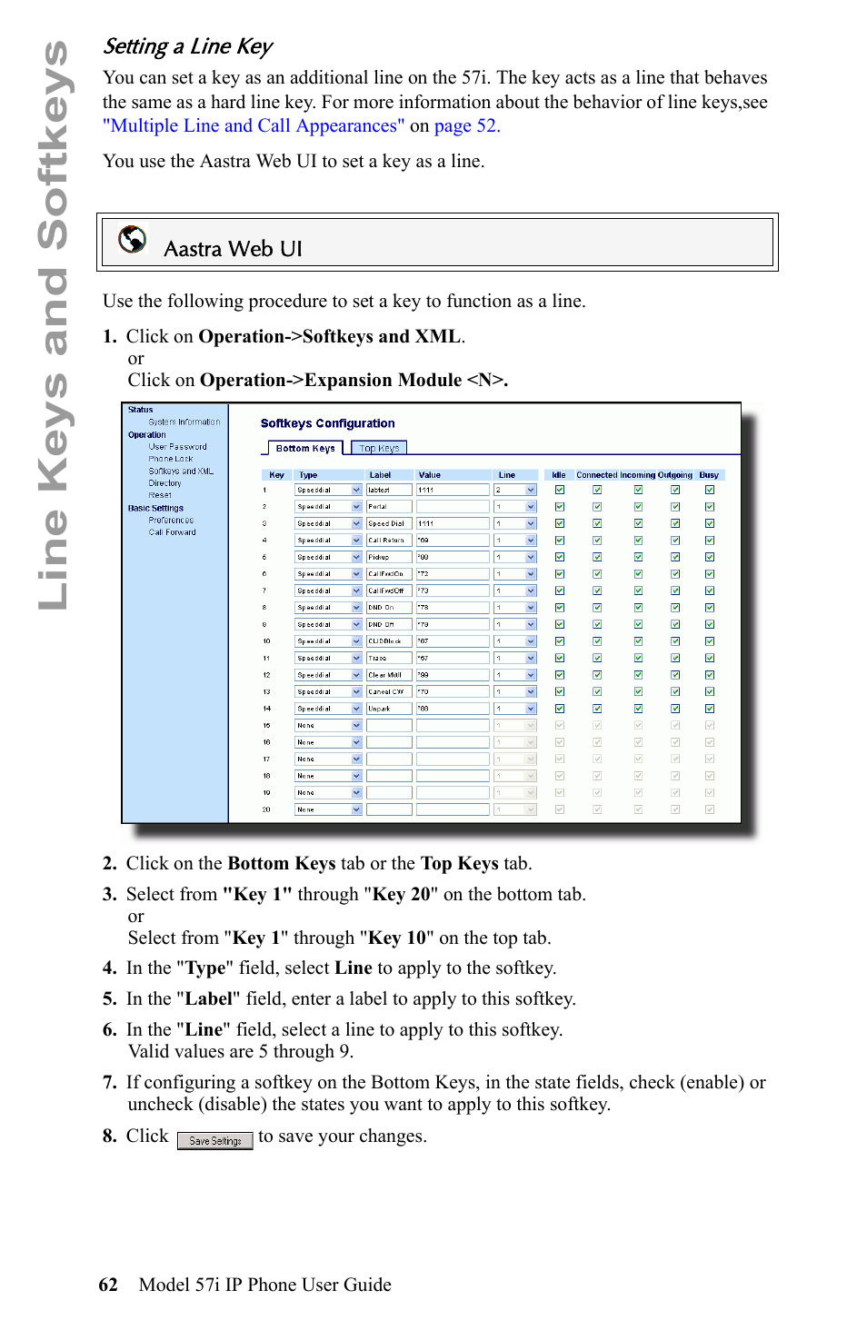 Setting a line key, Line keys and softkeys | Aastra Telecom IP Phone User Manual | Page 70 / 210