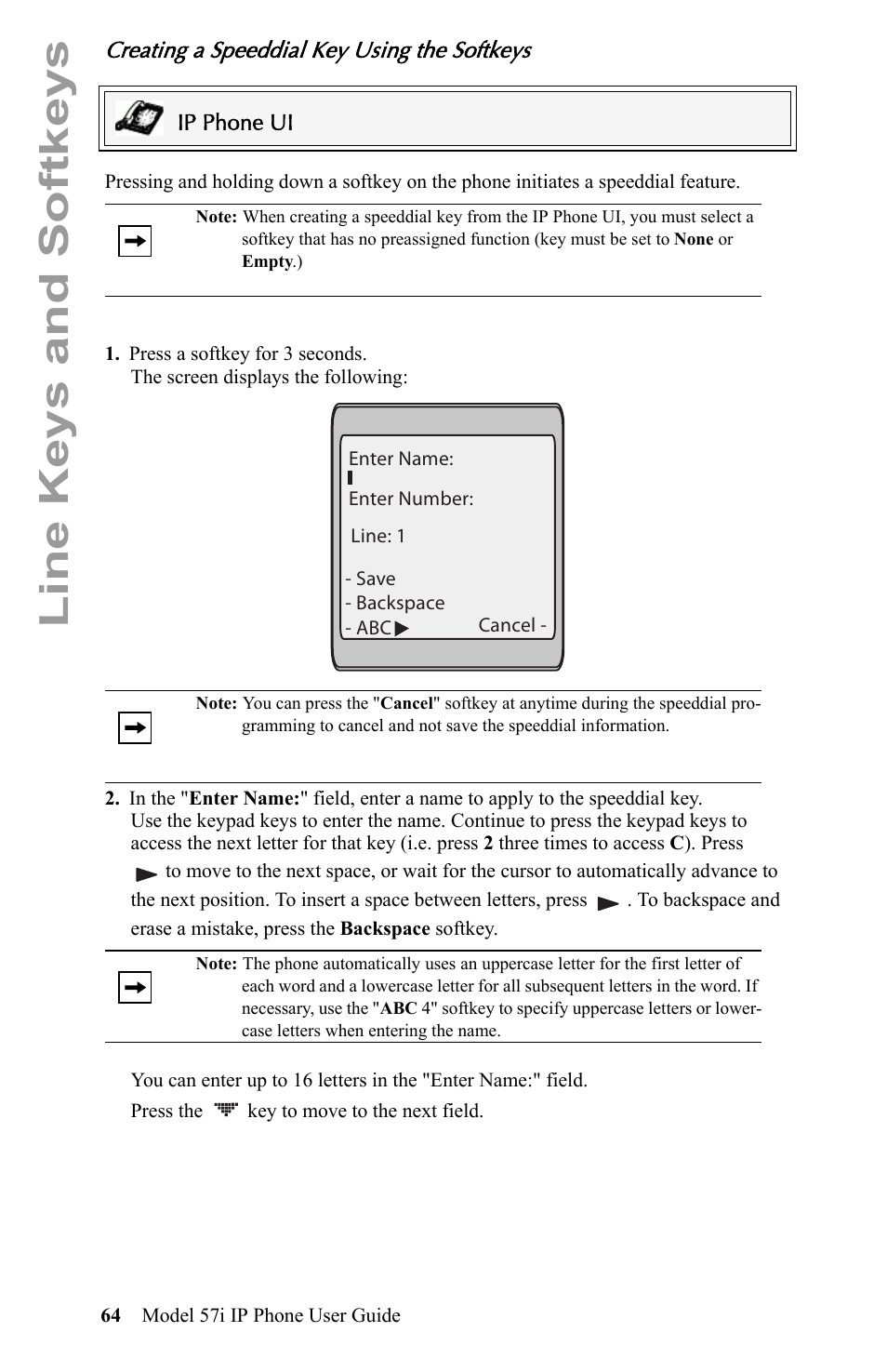 Creating a speeddial key using the softkeys, Line keys and softkeys | Aastra Telecom IP Phone User Manual | Page 72 / 210