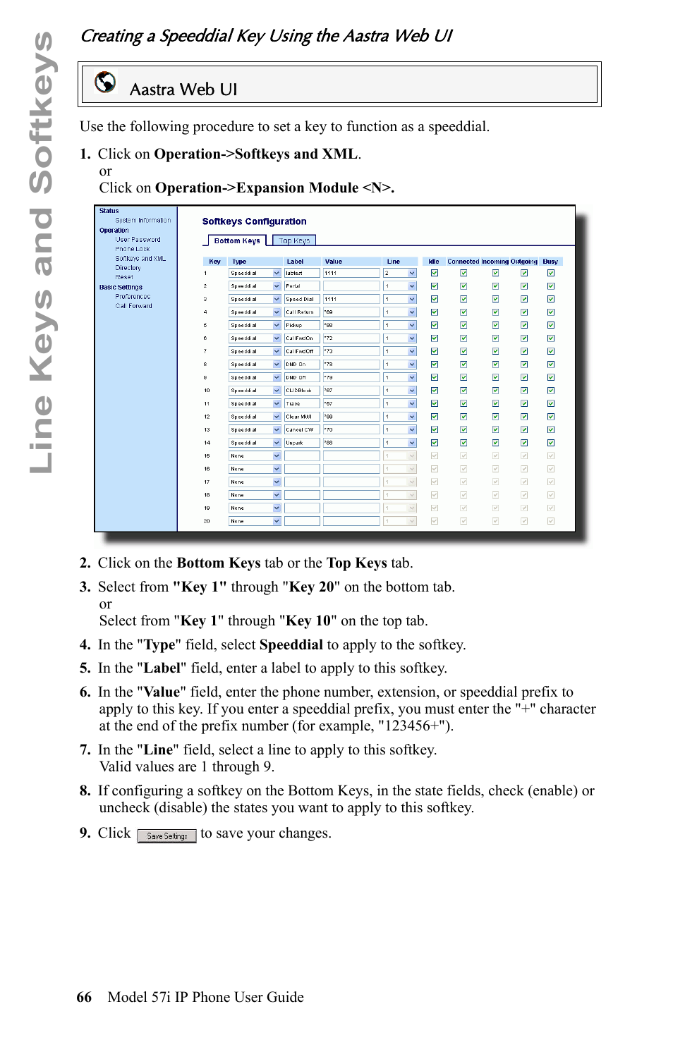 Creating a speeddial key using the aastra web ui, Line keys and softkeys | Aastra Telecom IP Phone User Manual | Page 74 / 210