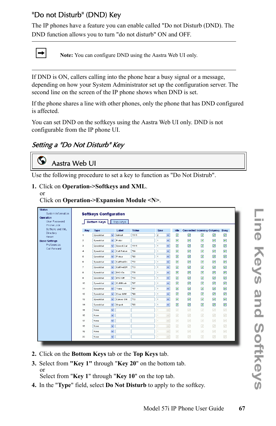 Do not disturb" (dnd) key, Setting a "do not disturb" key, Line keys and softkeys | Aastra Telecom IP Phone User Manual | Page 75 / 210