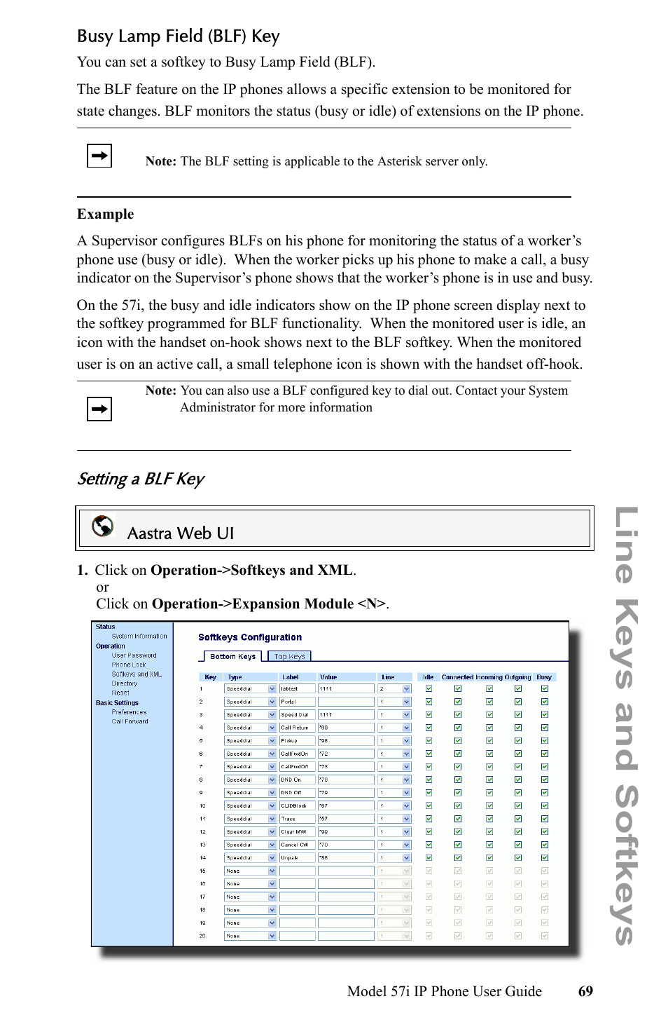 Busy lamp field (blf) key, Setting a blf key, Line keys and softkeys | Aastra Telecom IP Phone User Manual | Page 77 / 210