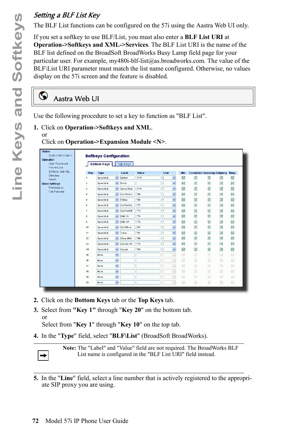 Setting a blf list key, Line keys and softkeys | Aastra Telecom IP Phone User Manual | Page 80 / 210