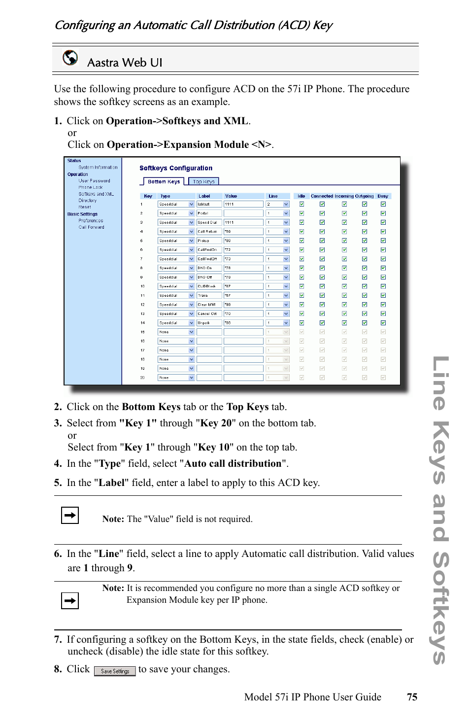 Line keys and softkeys | Aastra Telecom IP Phone User Manual | Page 83 / 210