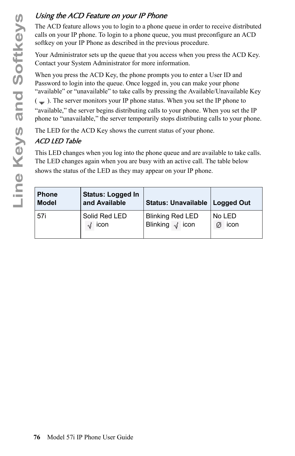 Using the acd feature on your ip phone, Line keys and softkeys | Aastra Telecom IP Phone User Manual | Page 84 / 210