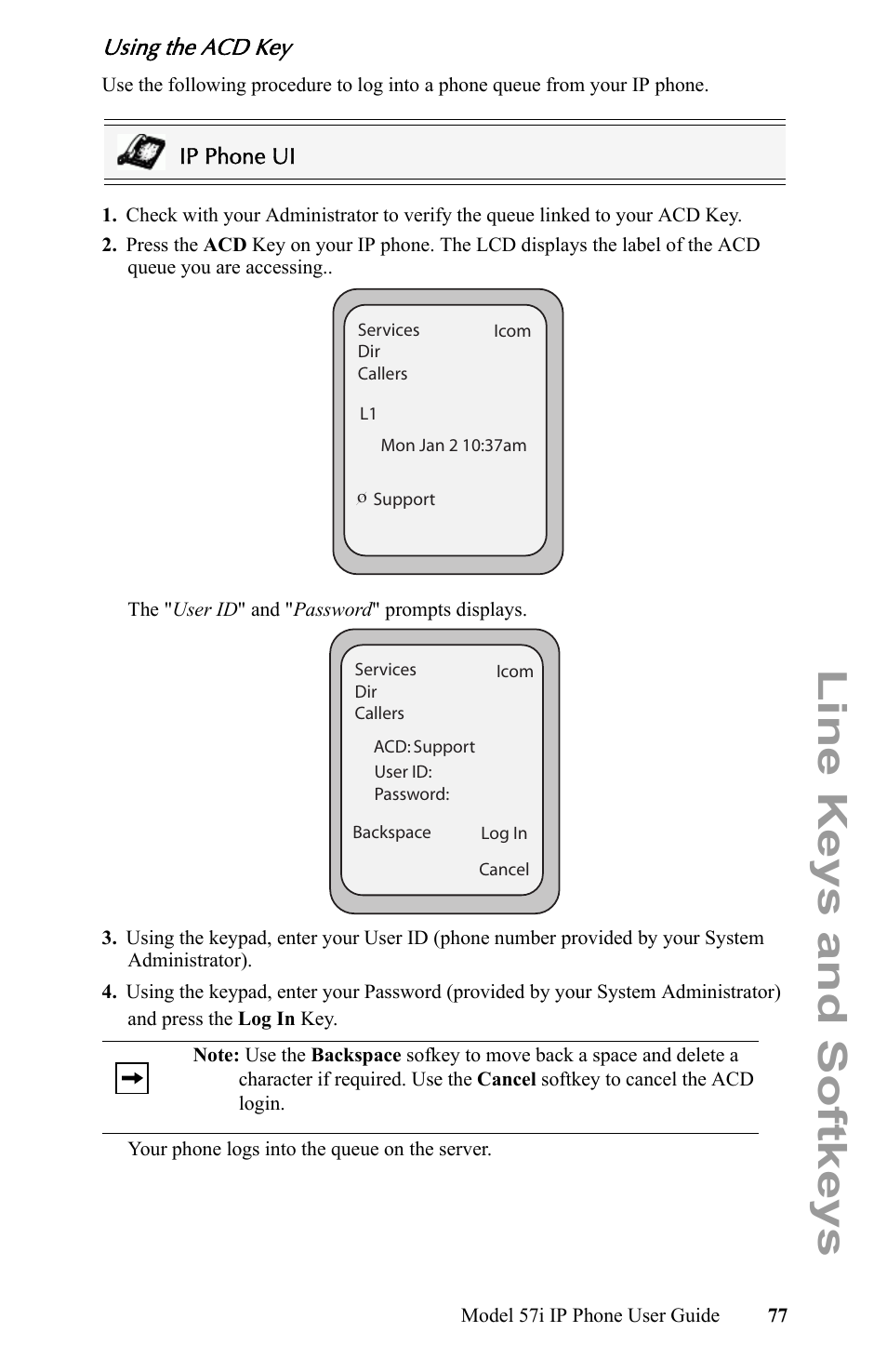 Using the acd key, Line keys and softkeys | Aastra Telecom IP Phone User Manual | Page 85 / 210