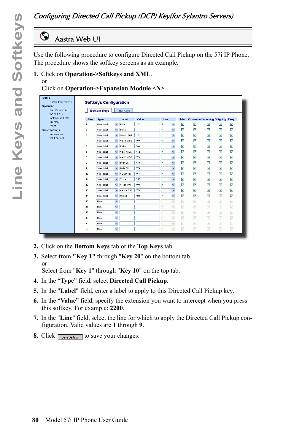 Line keys and softkeys | Aastra Telecom IP Phone User Manual | Page 88 / 210