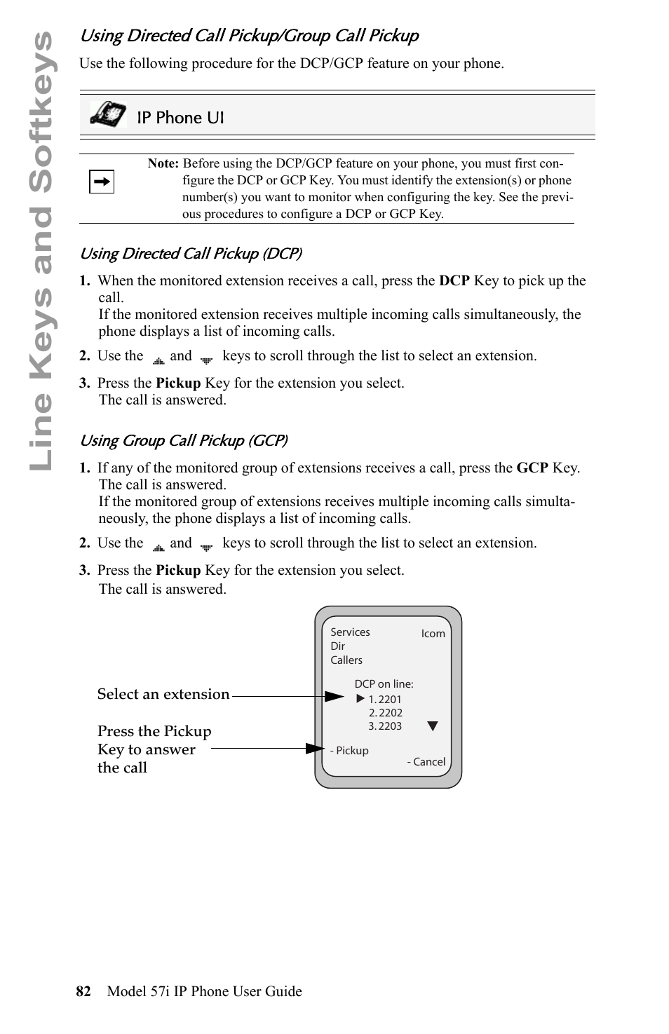 Using directed call pickup/group call pickup, Line keys and softkeys | Aastra Telecom IP Phone User Manual | Page 90 / 210