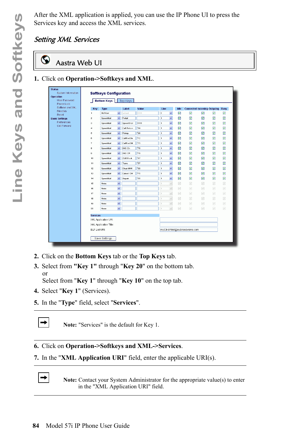 Setting xml services, Line keys and softkeys | Aastra Telecom IP Phone User Manual | Page 92 / 210