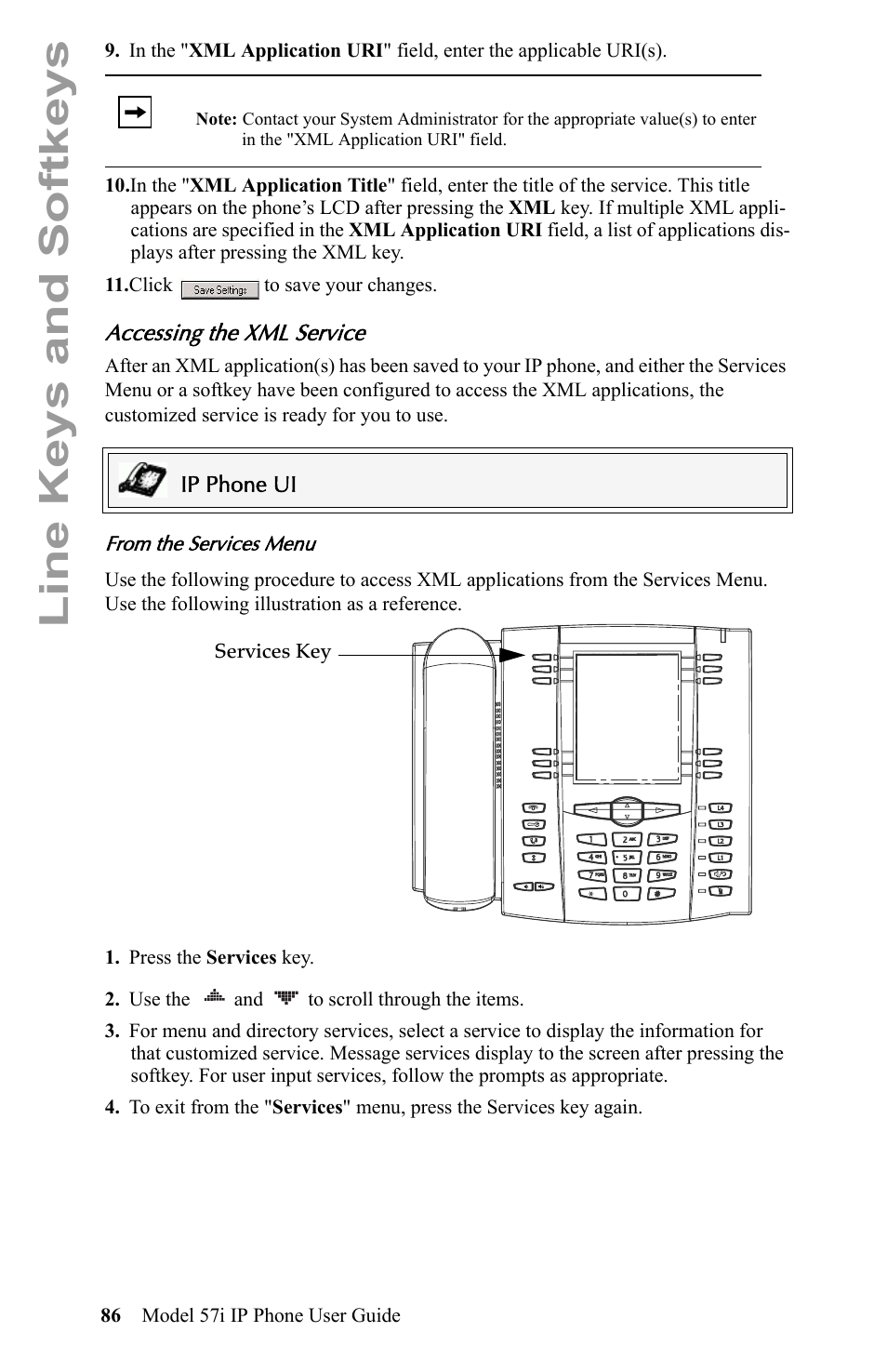 Accessing the xml service, Line keys and softkeys | Aastra Telecom IP Phone User Manual | Page 94 / 210