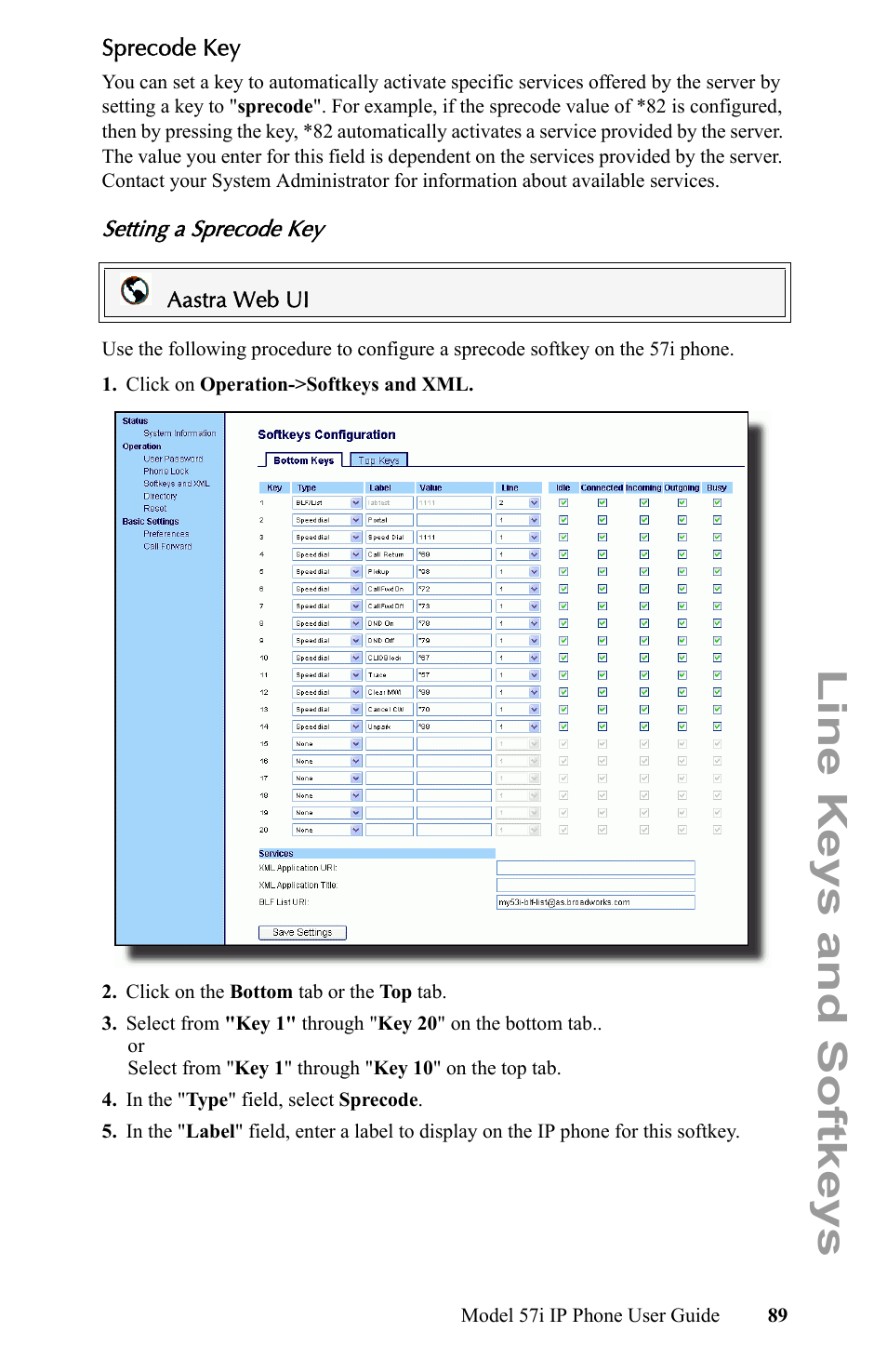 Sprecode key, Setting a sprecode key, Line keys and softkeys | Aastra Telecom IP Phone User Manual | Page 97 / 210