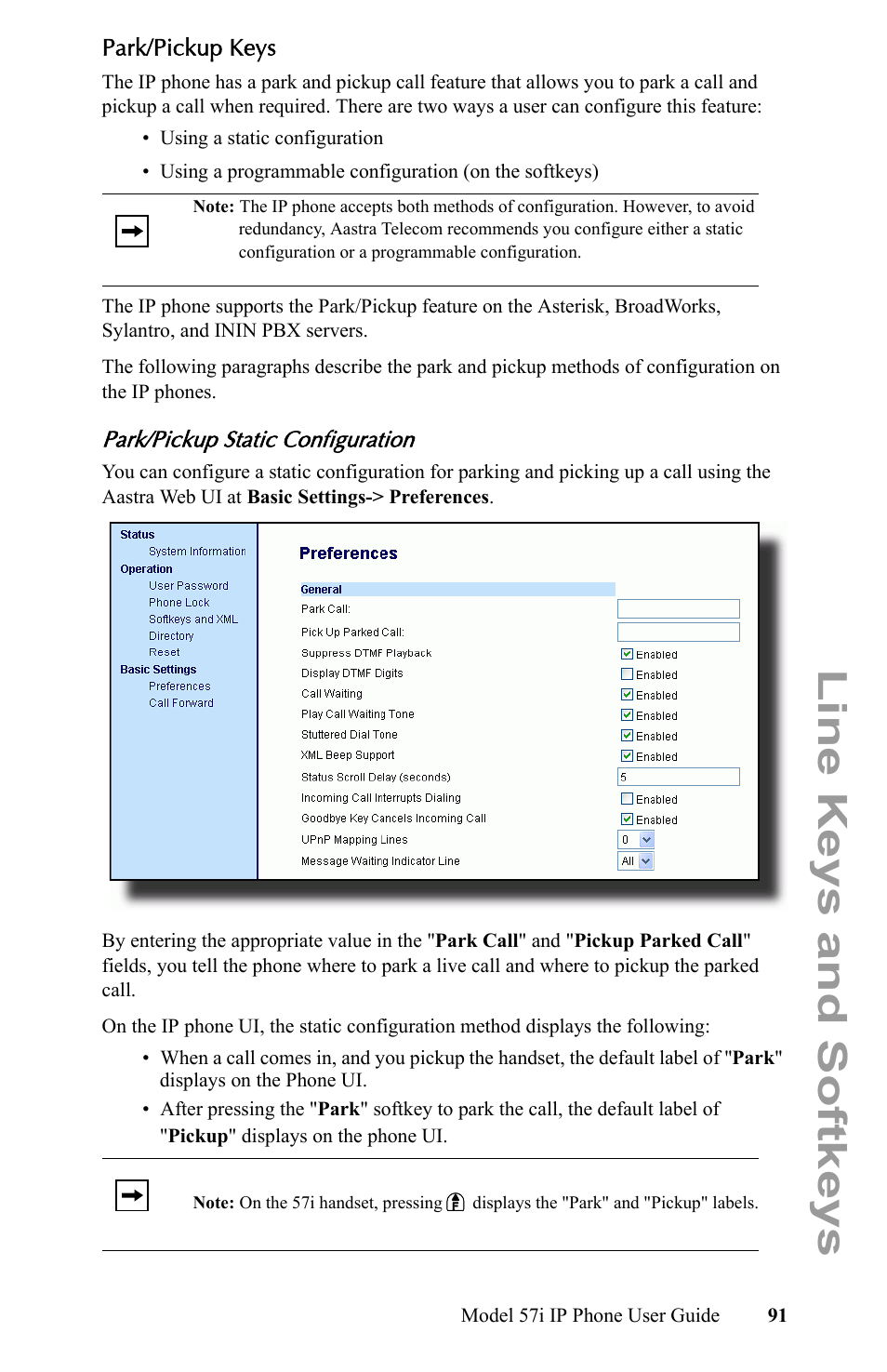 Park/pickup keys, Park/pickup static configuration, Line keys and softkeys | Aastra Telecom IP Phone User Manual | Page 99 / 210