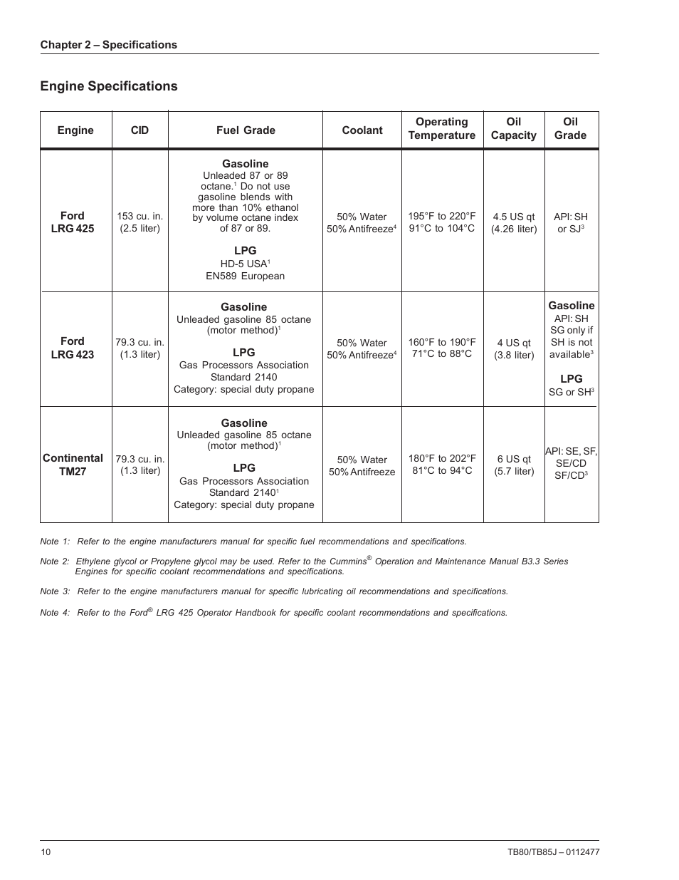 Engine specifications | Snorkel TB85J User Manual | Page 14 / 76
