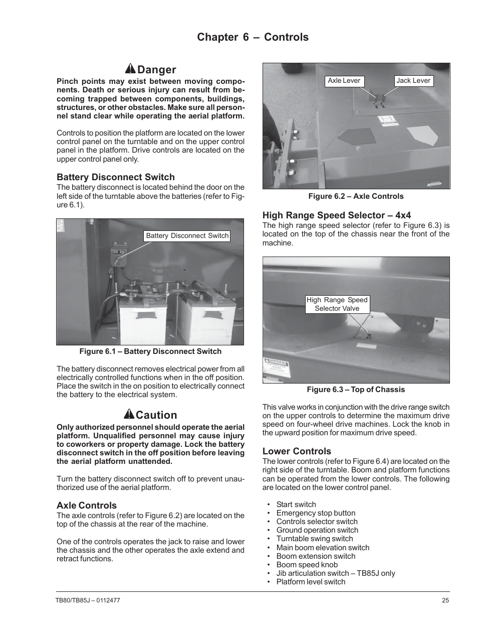 Chapter 6 – controls, Danger, Caution | Snorkel TB85J User Manual | Page 29 / 76