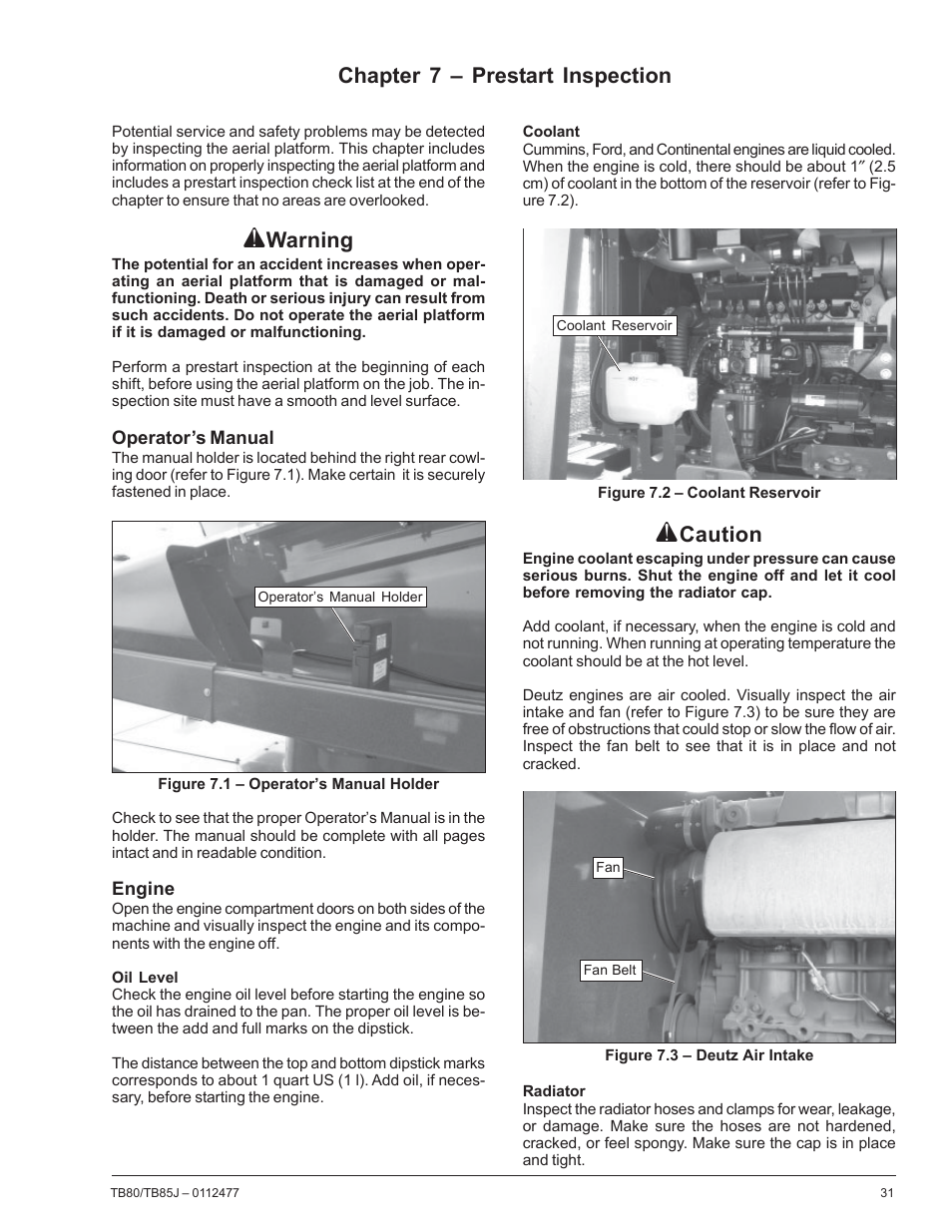 Warning, Chapter 7 – prestart inspection, Caution | Snorkel TB85J User Manual | Page 35 / 76