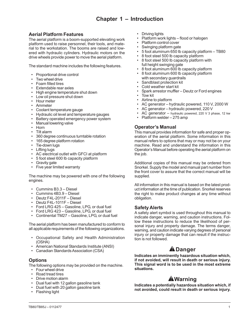 Chapter 1 – introduction, Danger, Warning | Snorkel TB85J User Manual | Page 5 / 76