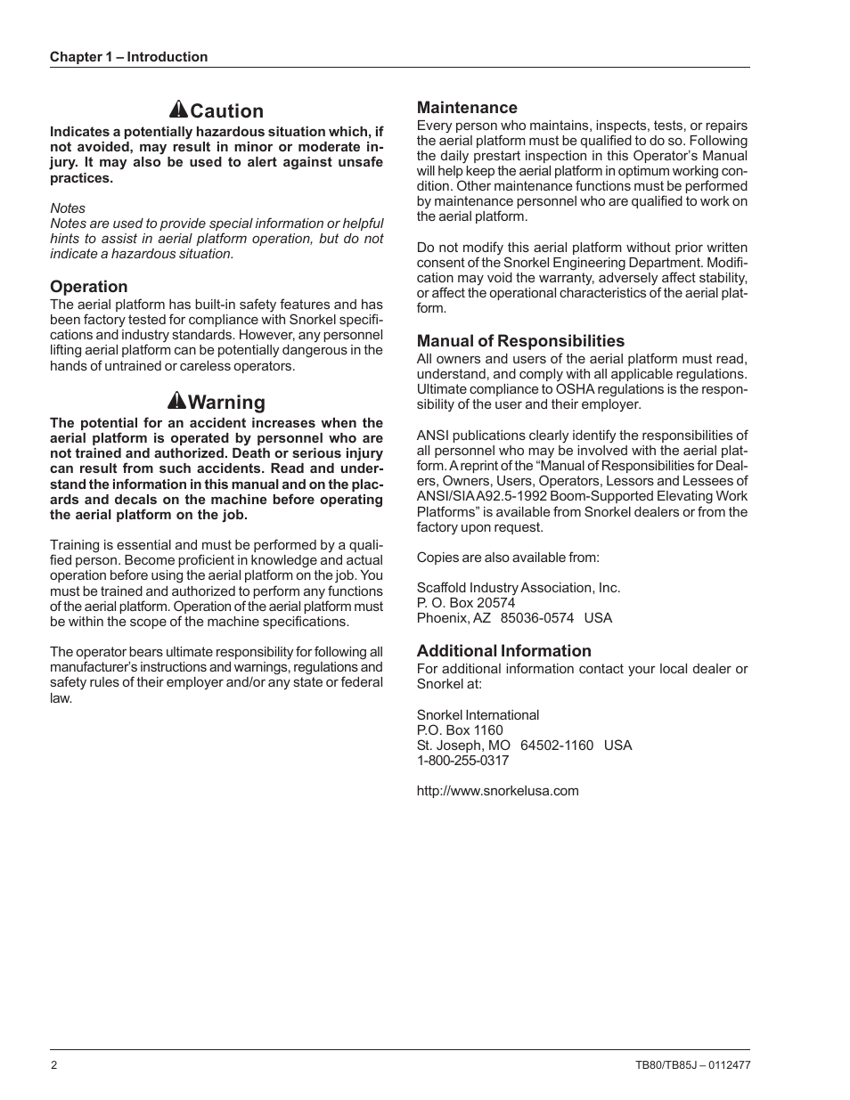Caution, Warning | Snorkel TB85J User Manual | Page 6 / 76
