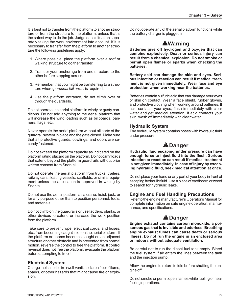 Warning, Danger | Snorkel TB85J CE User Manual | Page 17 / 70