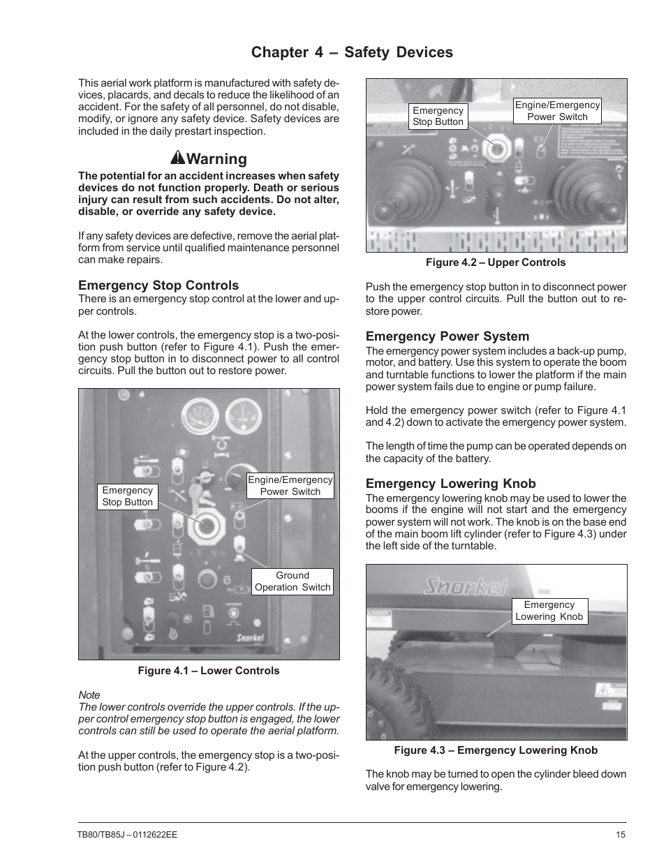 Warning, Chapter 4 – safety devices | Snorkel TB85J CE User Manual | Page 19 / 70