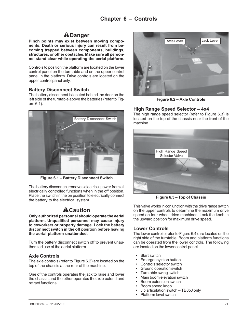 Chapter 6 – controls, Danger, Caution | Snorkel TB85J CE User Manual | Page 25 / 70