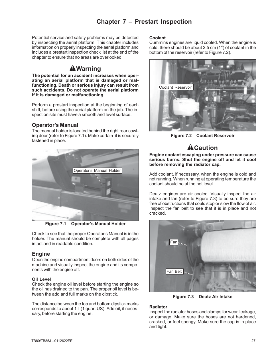 Warning, Chapter 7 – prestart inspection, Caution | Snorkel TB85J CE User Manual | Page 31 / 70