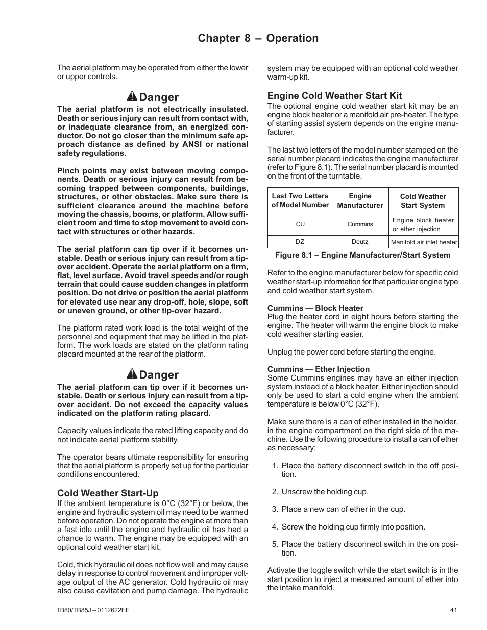 Chapter 8 – operation, Danger | Snorkel TB85J CE User Manual | Page 45 / 70
