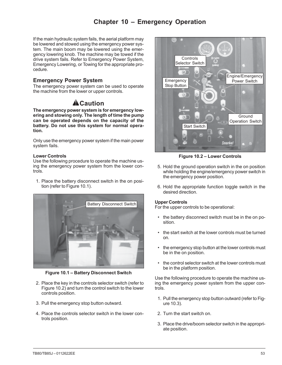 Caution, Chapter 10 – emergency operation | Snorkel TB85J CE User Manual | Page 57 / 70
