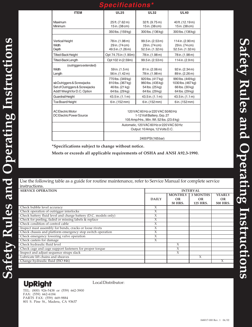Routine service, For more information, Specifications | Snorkel UL40 User Manual | Page 8 / 8