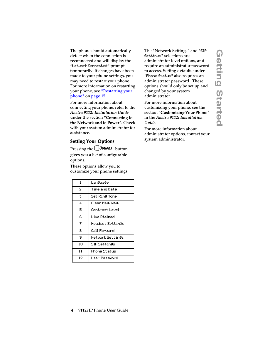 Setting your options, Ge tt ing started | Aastra Telecom 9112i IP PHONE User Manual | Page 10 / 47
