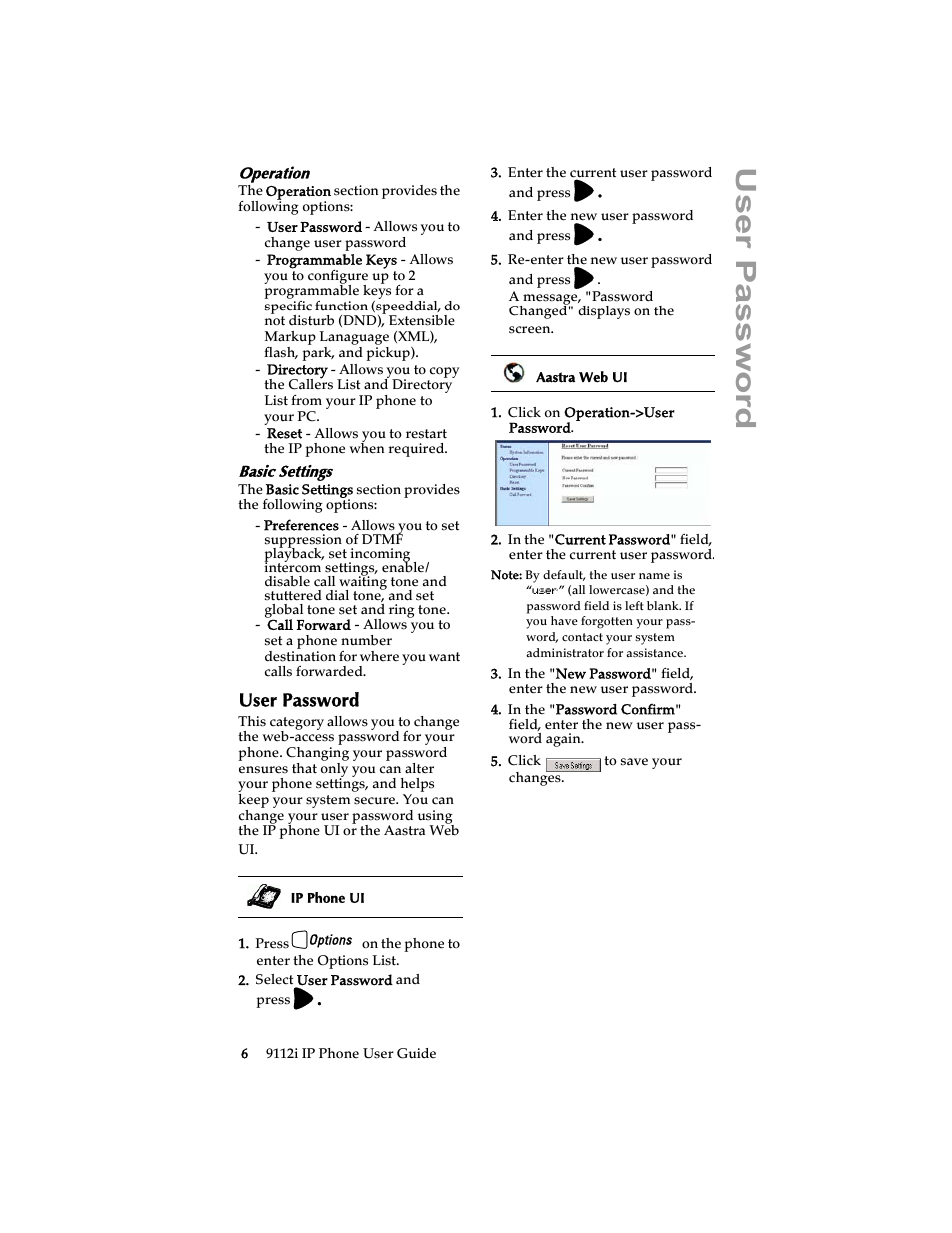 Operation, Basic settings, User password | Us er pas s wo rd | Aastra Telecom 9112i IP PHONE User Manual | Page 12 / 47