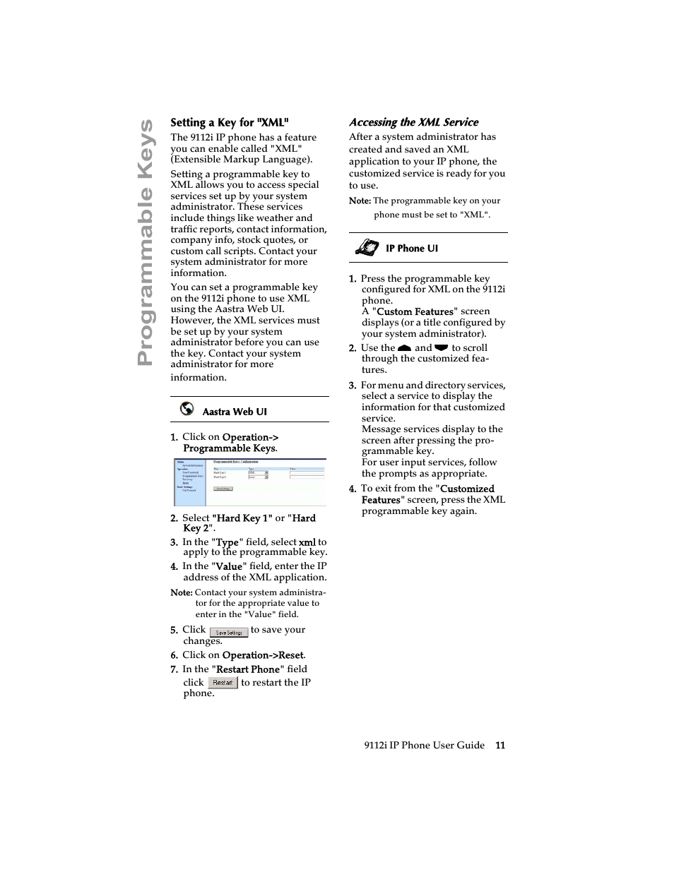 Setting a key for "xml, Accessing the xml service, Programmable keys | Aastra Telecom 9112i IP PHONE User Manual | Page 17 / 47