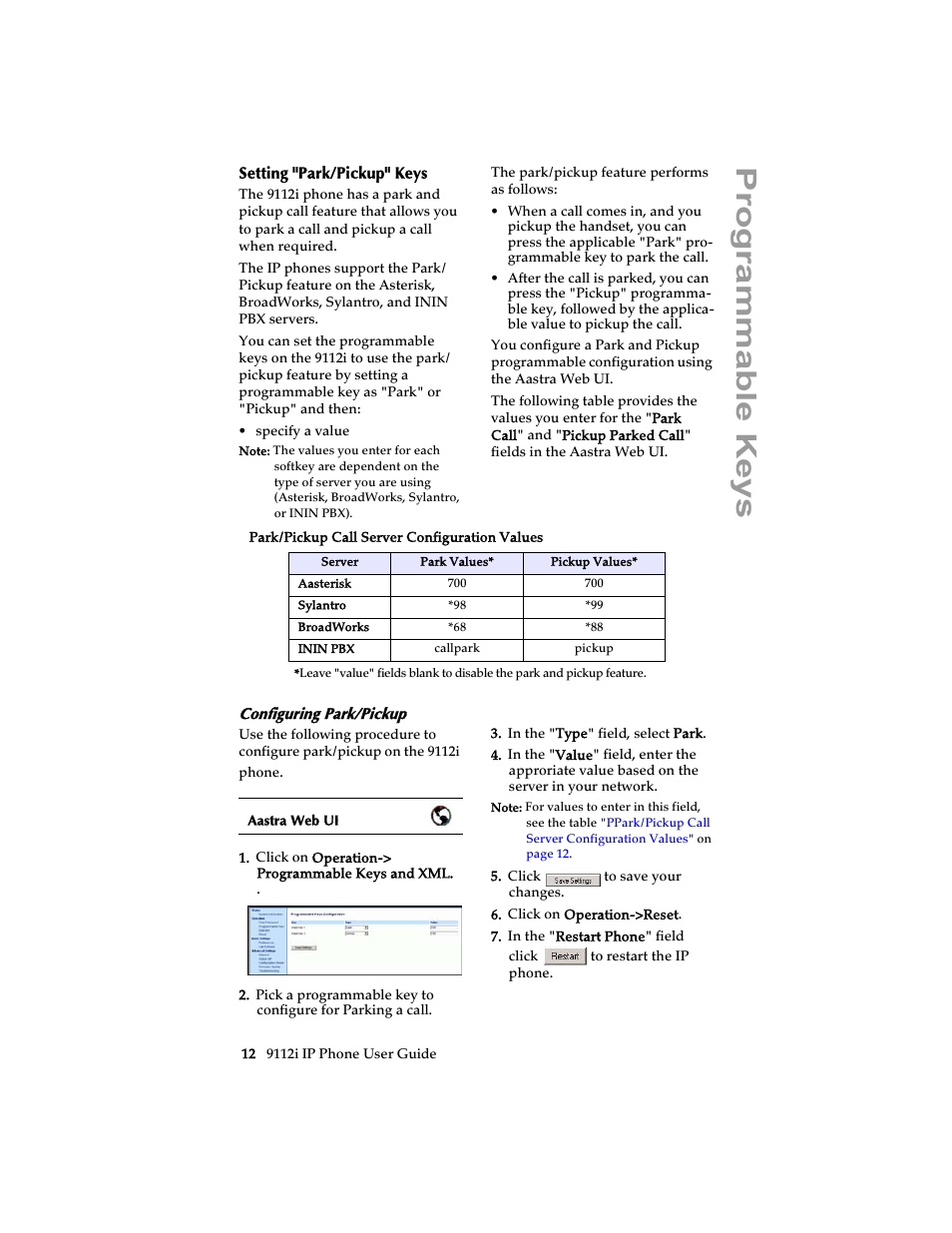 Setting "park/pickup" keys, Configuring park/pickup, Progra mmabl e keys | Aastra Telecom 9112i IP PHONE User Manual | Page 18 / 47