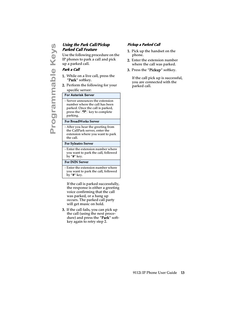 Using the park call/pickup parked call feature, Programmable keys | Aastra Telecom 9112i IP PHONE User Manual | Page 19 / 47