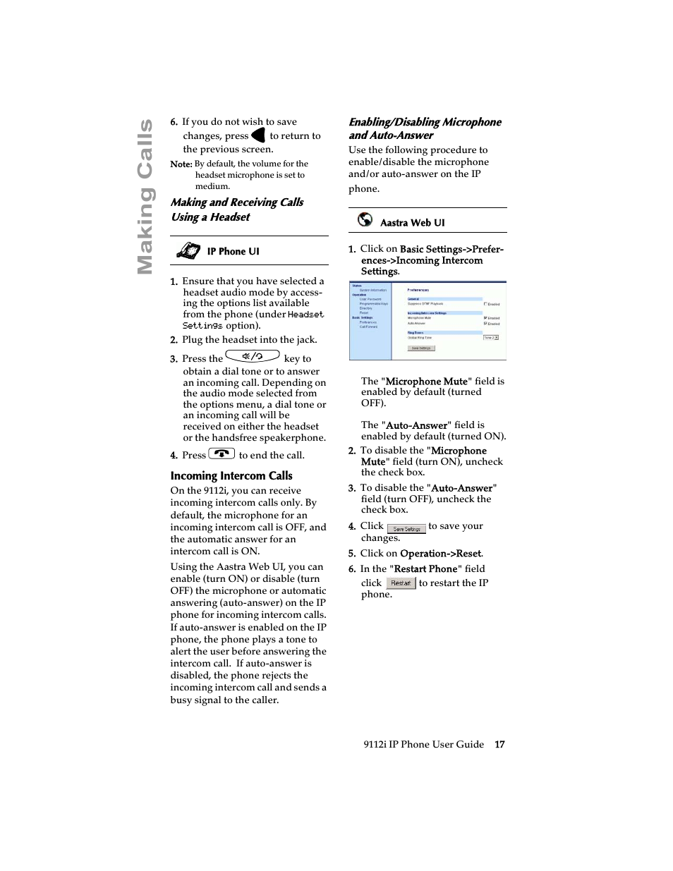 Making and receiving calls using a headset, Incoming intercom calls, Enabling/disabling microphone and auto-answer | Making cal ls | Aastra Telecom 9112i IP PHONE User Manual | Page 23 / 47