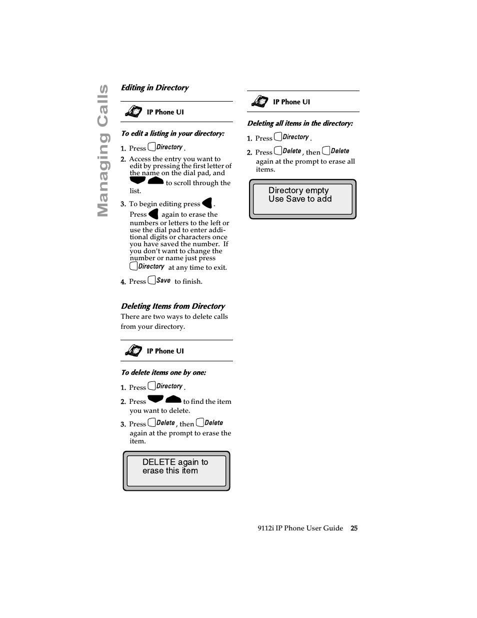 Editing in directory, Deleting items from directory, Managing cal ls | Aastra Telecom 9112i IP PHONE User Manual | Page 31 / 47