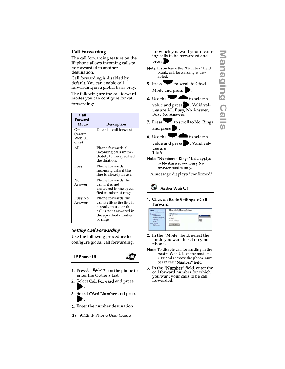 Call forwarding, Setting call forwarding, Managing calls | Aastra Telecom 9112i IP PHONE User Manual | Page 34 / 47