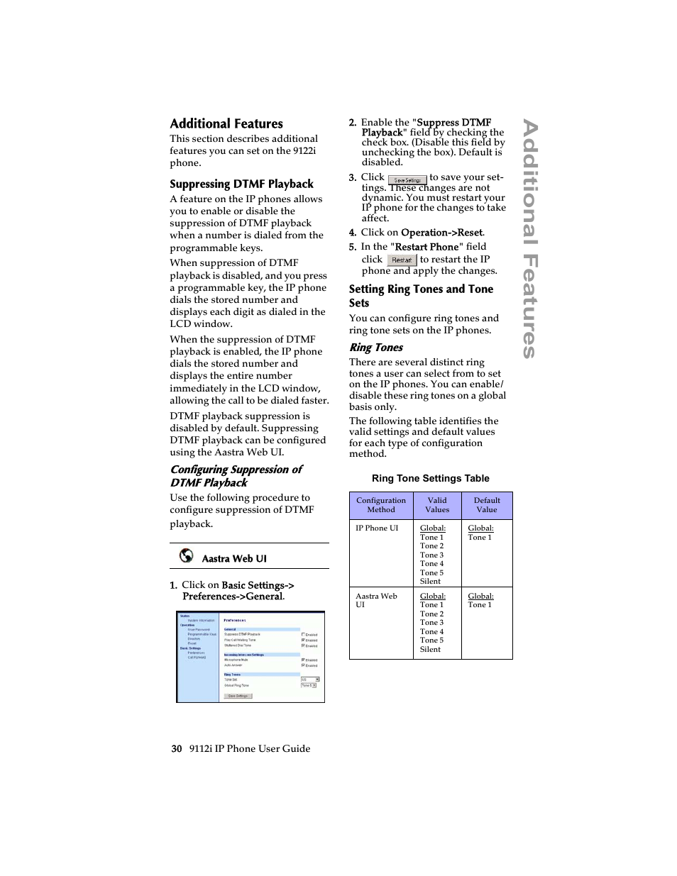 Additional features, Suppressing dtmf playback, Configuring suppression of dtmf playback | Setting ring tones and tone sets, Ring tones, Ad ditional features | Aastra Telecom 9112i IP PHONE User Manual | Page 36 / 47