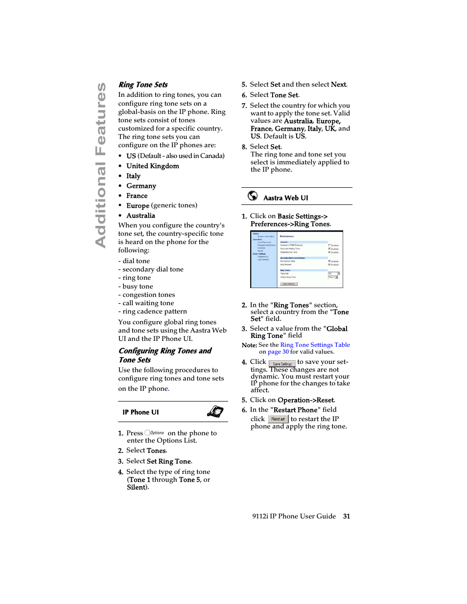 Ring tone sets, Configuring ring tones and tone sets, Additional features | Aastra Telecom 9112i IP PHONE User Manual | Page 37 / 47