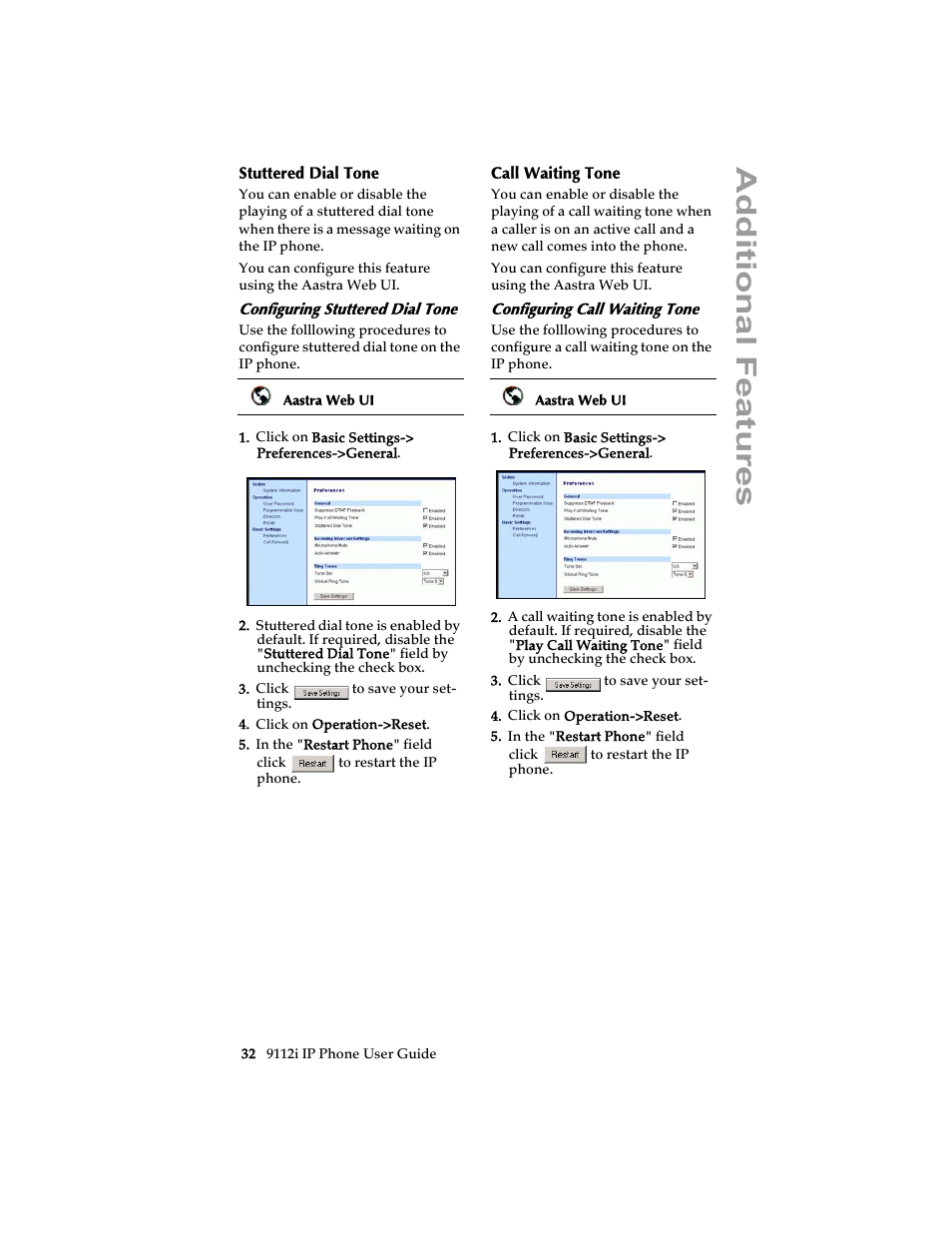 Stuttered dial tone, Configuring stuttered dial tone, Call waiting tone | Configuring call waiting tone, Stuttered dial tone call waiting tone, Ad ditional features | Aastra Telecom 9112i IP PHONE User Manual | Page 38 / 47