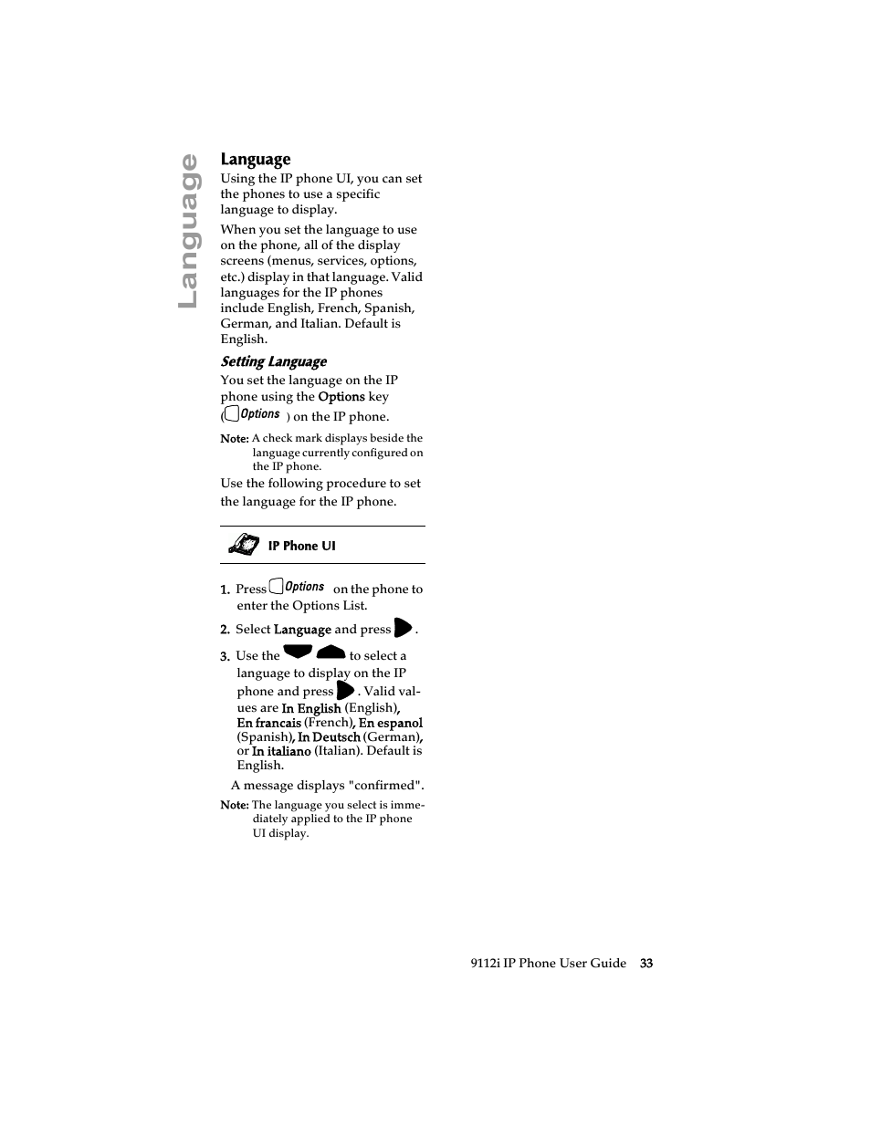 Language, Setting language | Aastra Telecom 9112i IP PHONE User Manual | Page 39 / 47