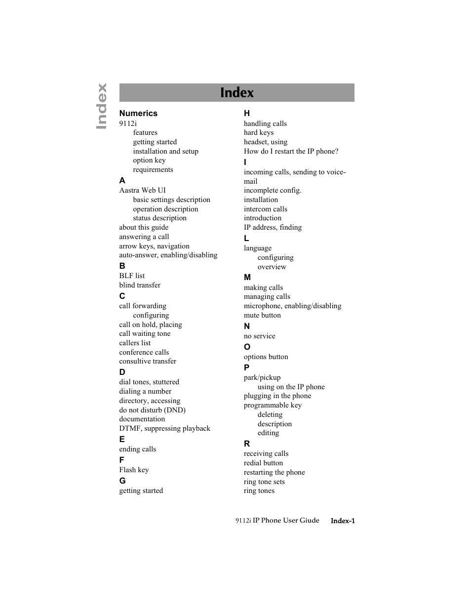 Index | Aastra Telecom 9112i IP PHONE User Manual | Page 45 / 47