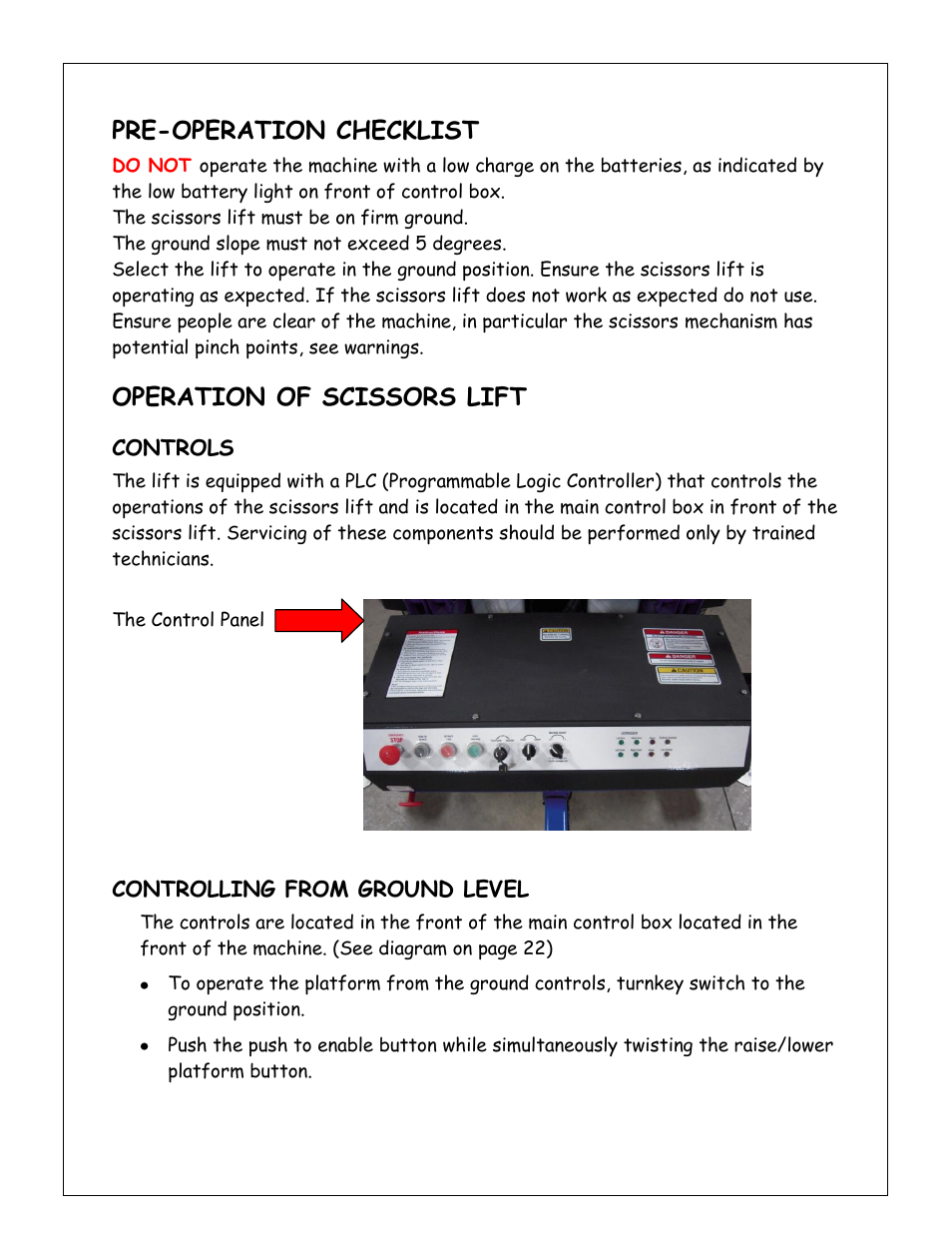 Pre-operation checklist, Operation of scissors lift | Snorkel XT24SD-sn000001+ User Manual | Page 14 / 46