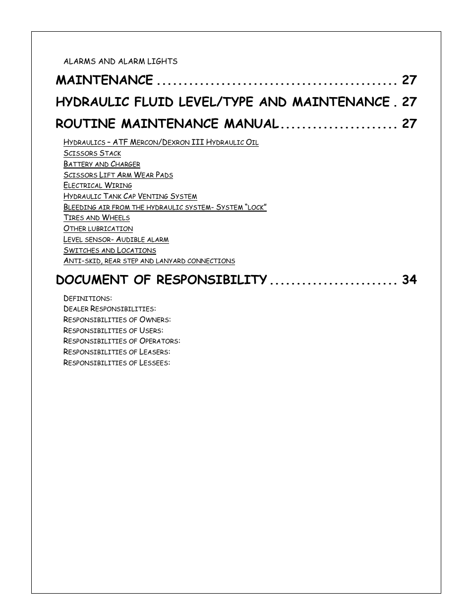 Maintenance, Hydraulic fluid level/type and maintenance . 27, Routine maintenance manual | Document of responsibility | Snorkel XT24SD-sn000001+ User Manual | Page 4 / 46