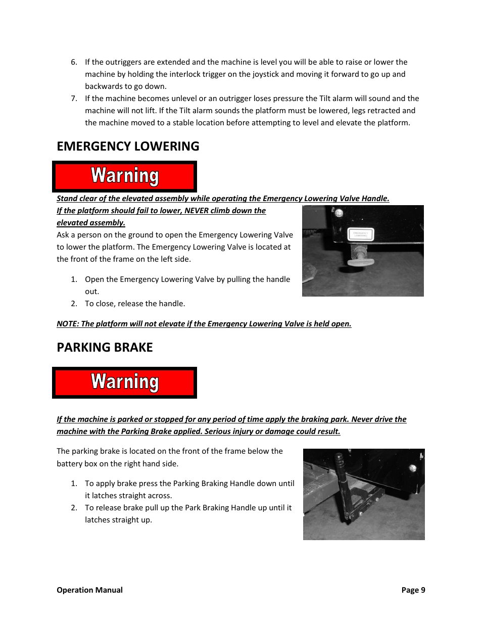 Emergency lowering, Parking brake | Snorkel XT24SD-sn000000+ User Manual | Page 10 / 18