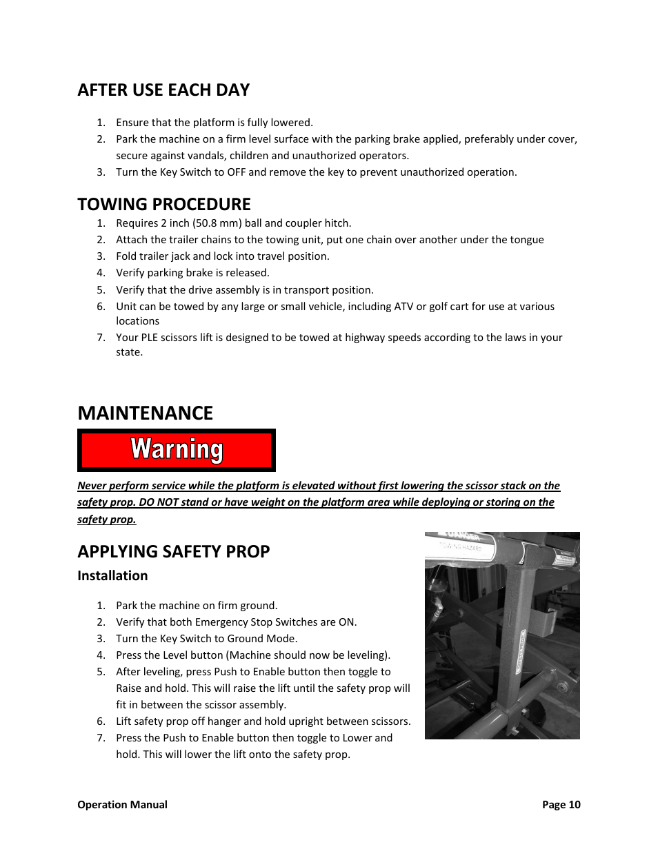 Maintenance, After use each day, Towing procedure | Applying safety prop | Snorkel XT24SD-sn000000+ User Manual | Page 11 / 18