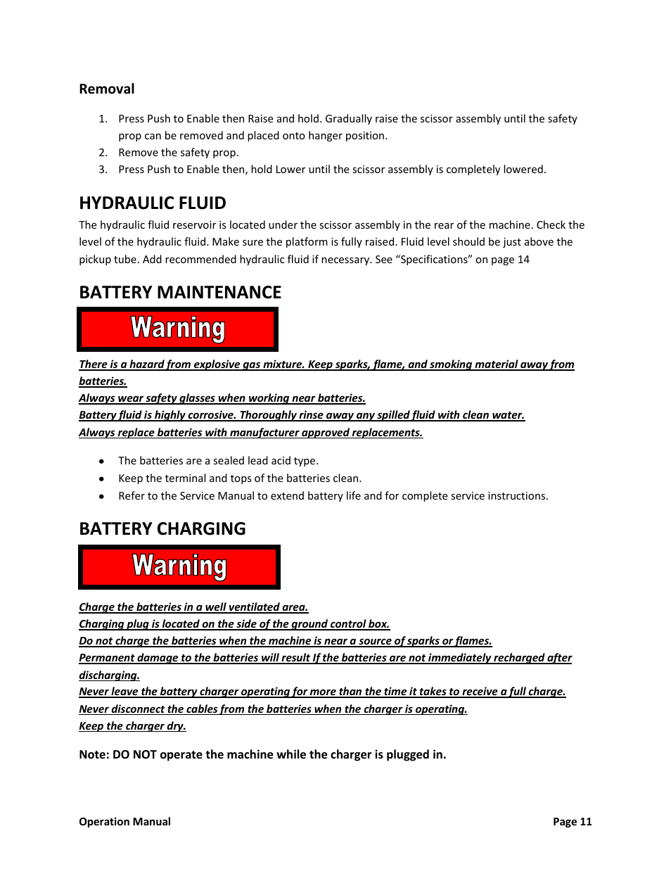 Hydraulic fluid, Battery maintenance, Battery charging | Snorkel XT24SD-sn000000+ User Manual | Page 12 / 18