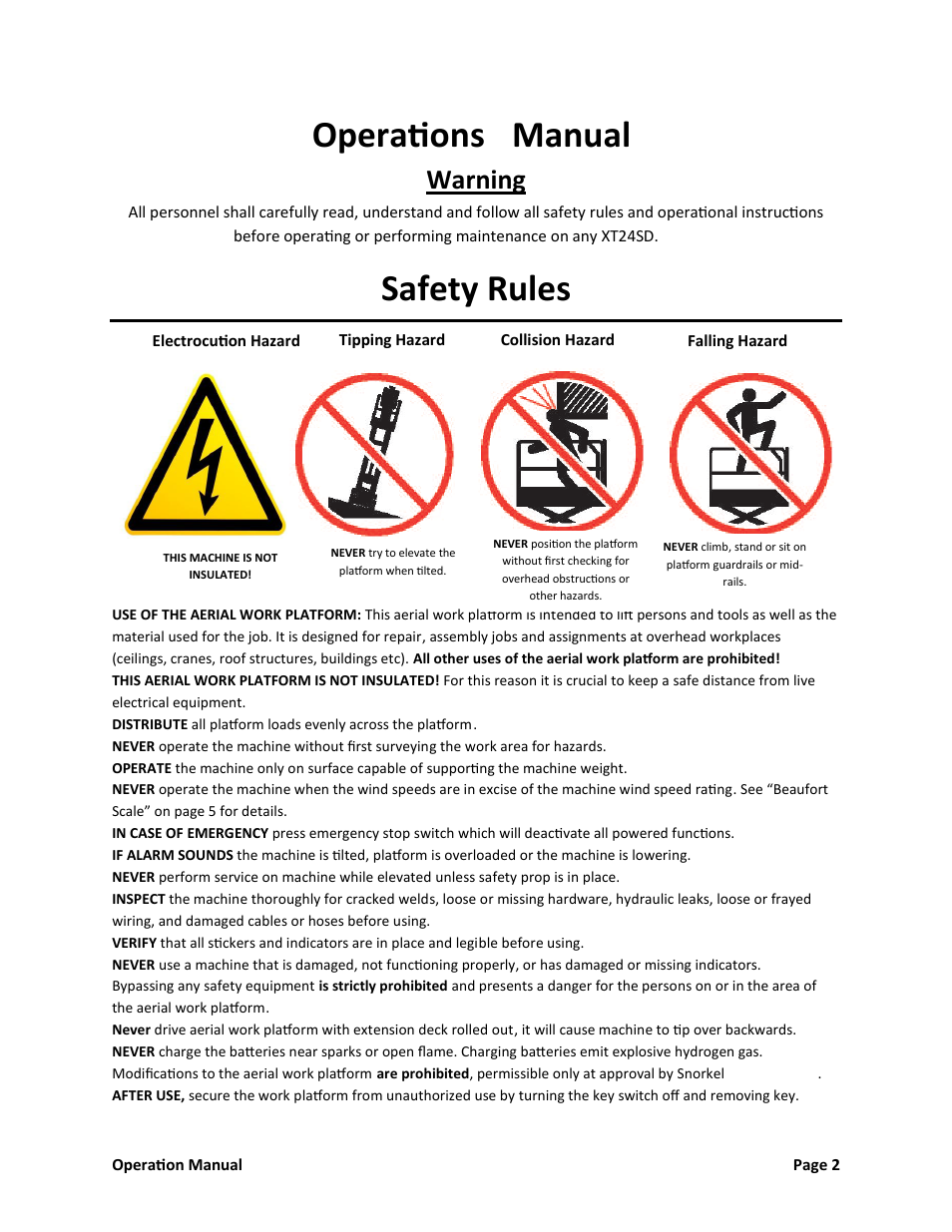 Operations manual, Safety rules, Warning | Snorkel XT24SD-sn000000+ User Manual | Page 3 / 18