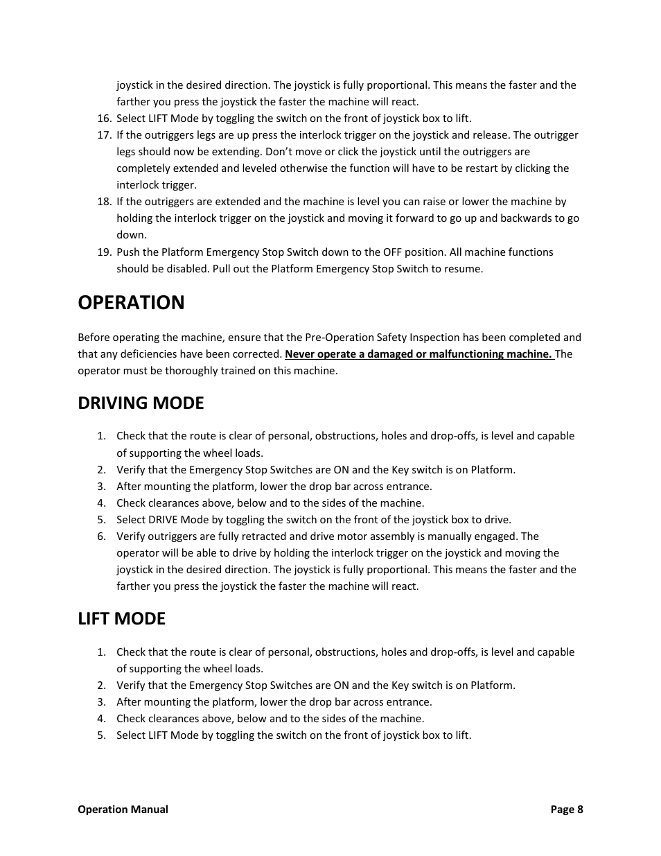 Operation, Driving mode, Lift mode | Snorkel XT24SD-sn000000+ User Manual | Page 9 / 18